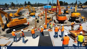 An organized construction site in San Bruno, California, featuring heavy equipment and workers in safety vests completing a large-scale infrastructure project.