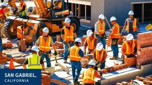 Construction workers in bright safety vests building a brick structure in San Gabriel, California, with heavy machinery in the background. Highlights teamwork and the need for performance bonds in local projects.