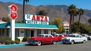 Vintage cars parked in front of the iconic De Anza Motor Lodge in Rancho San Jacinto, California, with retro signage and palm trees against a mountainous backdrop.