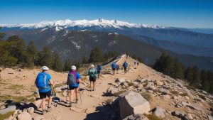 Hikers trekking along a scenic mountain trail near Rancho San Jacinto, California, with snow-capped peaks and lush forests in the background, representing the area's natural beauty.