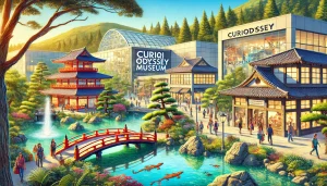 an image showcasing the vibrant local attractions in San Mateo, CA, such as Central Park with its picturesque Japanese Tea Garden, Hillsdale Shopping Center, and CuriOdyssey museum with interactive exhibits and wildlife.