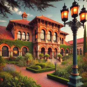 an image showcasing the San Mateo Historical Museum, with a mix of Victorian and Spanish Colonial Revival architecture, surrounded by lush gardens and a vintage streetlamp.