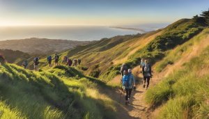 A group of hikers exploring lush green trails overlooking San Bruno, California, with the Pacific Ocean in the distance under a golden sunset.