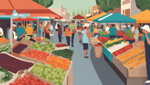 A vibrant farmers market in San Gabriel, California, featuring colorful stalls of fresh produce and a diverse community of shoppers. Symbolizes the city's lively community and economic activities.