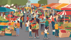 an image showing a vibrant farmers market in San Leandro, CA, filled with colorful fruits, vegetables, and local artisan products. Include people browsing, tasting samples, and enjoying live music.