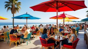 an image showcasing the vibrant outdoor seating area of a beachfront restaurant in Santa Monica, with colorful umbrellas, ocean views, and bustling diners enjoying a meal.