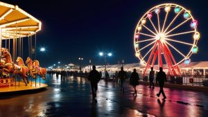 an image for a blog post about Santa Monica Pier Attractions in California. Capture the iconic Ferris wheel lit up at night, with colorful carousel horses, and people enjoying the amusement park.