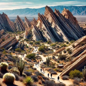 an image showcasing the breathtaking Vasquez Rocks in Santa Clarita, CA, with hikers exploring the unique rock formations under the clear blue sky. Include a winding trail and native plants.