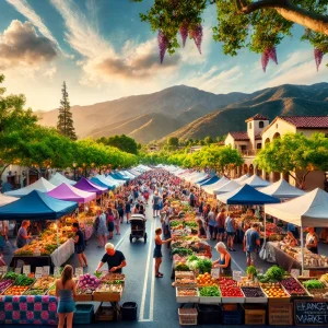 an image showcasing the bustling Farmer's Market in Santa Clarita, featuring colorful stalls of fresh produce, artisanal goods, and lively activity, surrounded by the scenic backdrop of the mountains.