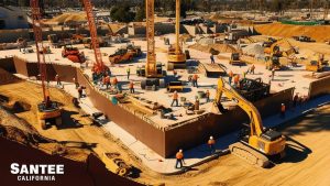 Large-scale construction project in Santee, California, featuring cranes, excavators, and workers on a busy site surrounded by earth-moving equipment and urban development.