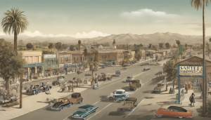 an image showcasing the historical evolution of Santee, CA. Include visual elements such as a timeline of key events, old photographs of landmarks, and illustrations of significant historical figures in the city's past.