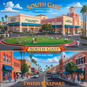 an image of a vibrant mural depicting the rich cultural heritage of South Gate, showcasing iconic landmarks like the Azalea Shopping Center, South Gate Park, and the Azalea Shopping Center.