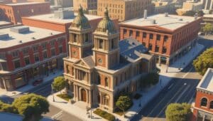 Aerial view of a historic civic building in downtown South San Francisco featuring twin domes and neoclassical architecture, surrounded by modern and traditional brick commercial buildings lining quiet city streets.