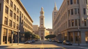 Street-level view of South San Francisco’s business district, featuring wide roads flanked by early 20th-century architecture and a white central courthouse or church with tall spires and a clock tower at the center of the composition.
