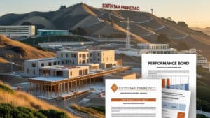 A construction site in South San Francisco set against rolling hills, with a large red “South San Francisco” sign in the background. Several modern buildings under development are shown alongside enlarged performance bond documents in the foreground.