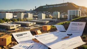 Overlooking a construction site in South San Francisco with high-rise buildings and the iconic hill sign in the distance. Spread across the dirt foreground are performance bond forms, hard hats, pens, and small boxes, symbolizing contractor documentation and compliance.