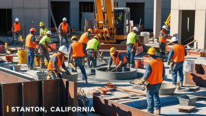 Construction workers in Stanton, California, collaborating on a commercial project, wearing safety gear and emphasizing teamwork and urban progress in the city.