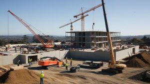 A large-scale construction site in Stanton, California, with cranes and workers building new structures, highlighting the city’s growing development and infrastructure projects.