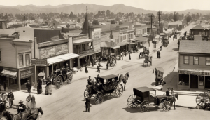 A historic downtown street in Stanton, California, featuring horse-drawn carriages, vintage storefronts, and bustling activity, reflecting the town’s rich history and community life.