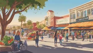 A vibrant outdoor market in modern Stanton, California, showcasing colorful stalls, fresh produce, and families enjoying the community atmosphere under clear skies.