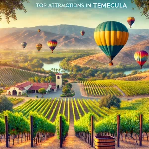 an image of hot air balloons floating over lush vineyards, with the backdrop of rolling hills and a clear blue sky in Temecula, CA. Show a serene and picturesque landscape for a blog post about Top Attractions in Temecula.