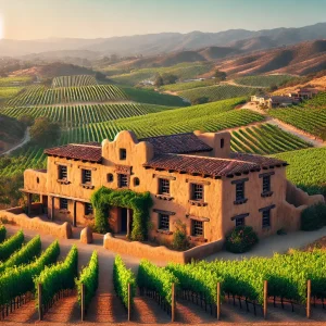 an image showcasing Temecula's rich history and heritage: a historic adobe building surrounded by vineyards, with a backdrop of rolling hills and a clear blue sky.