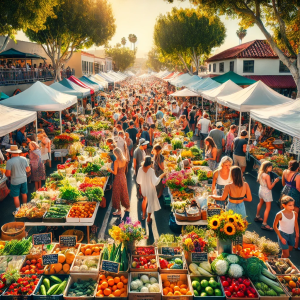 an image of a vibrant farmers market in Torrance, CA with stalls filled with fresh fruits, colorful flowers, and local artisan products. Show a diverse crowd browsing and enjoying the sunny day.