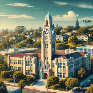 an image showcasing the historic Torrance High School with its iconic clock tower, surrounded by lush greenery and a backdrop of clear blue skies. Include a glimpse of the surrounding neighborhood.