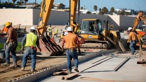 Construction workers operating heavy machinery on a large infrastructure project in Tulare, California, emphasizing teamwork and development in the local construction industry.