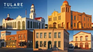 Collage of historic buildings in Tulare, California, featuring iconic architecture and landmarks that reflect the city’s rich cultural heritage.