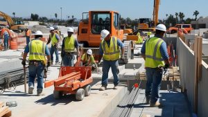 Construction workers in Tustin, California, collaborating on a large-scale building project with heavy machinery, concrete, and safety gear visible on-site.