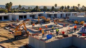 Wide view of a construction project in Tustin, California, with workers, excavators, and safety equipment set against a scenic backdrop of palm trees and hills.