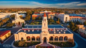 The Tustin Civic Center in Tustin, California, featuring the city’s historic architecture and landscaped gardens illuminated by warm sunset light.