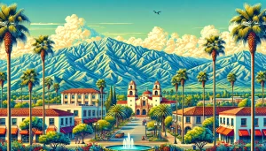 a vibrant illustration of Upland, California, featuring the iconic San Gabriel Mountains, palm trees, and a lively downtown area under a clear blue sky.