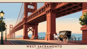 Artistic vintage-style illustration of a bridge in West Sacramento, California, with a horse-drawn carriage and street lamps along the walkway.