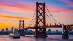 Scenic view of a bridge over the river at sunset in West Sacramento, California, with vibrant pink and orange skies and a boat cruising underneath.