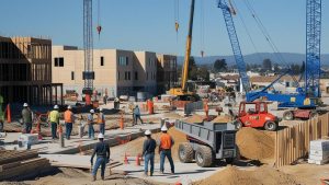 Active construction site in West Sacramento, California, featuring modern building structures, cranes, dump trucks, and construction workers in safety gear.