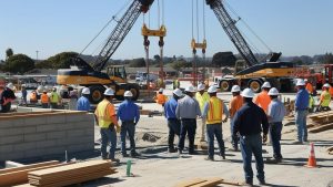 Group of construction workers wearing safety helmets and reflective vests at an active construction site in West Sacramento, California, with cranes and heavy machinery in the background.