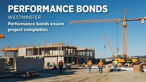 Construction site in Westminster, California with cranes and workers in protective gear, representing the role of performance bonds in ensuring project completion.