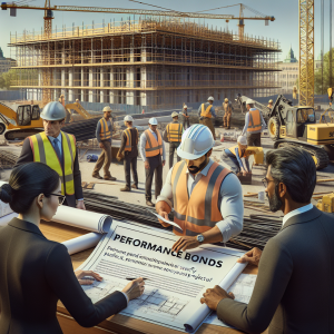 Close-up of construction managers and workers reviewing plans labeled 'Performance Bonds' at a busy construction site, emphasizing the importance of bonds in securing project success in Westminster.