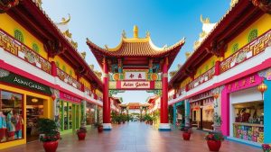 Vibrant view of the Asian Garden Mall in Westminster, California, showcasing the city’s cultural landmarks and unique architecture.