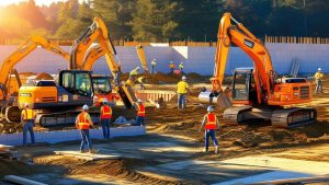 Active construction scene in Woodland, California, with excavators and workers in high-visibility vests managing a foundation project during sunset.