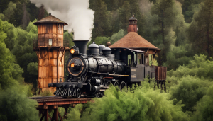 an image showcasing a historic wooden water tower surrounded by lush greenery, with a vintage steam locomotive passing through the background in Woodland, CA.