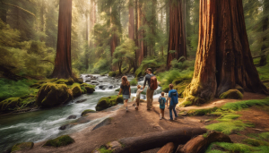 an image showcasing the serene beauty of Woodland CA's outdoor adventures: a vast forest trail with towering redwood trees, a tranquil river flowing through, and a family enjoying a picnic near a scenic waterfall.