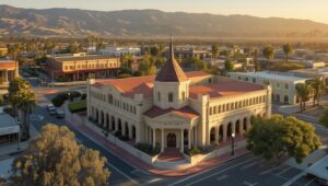 Aerial view of a neoclassical government building in downtown Yorba Linda, California, surrounded by palm-lined streets and historic commercial structures, reflecting civic pride and performance bond enforcement.