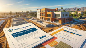 Modern townhomes under construction in Yorba Linda, California, with performance bond documents in the foreground and a municipal records box indicating regulatory oversight and financial protection.