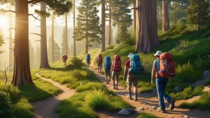 Hikers with backpacks walking along a sunlit trail surrounded by towering trees in Yucaipa, California, capturing the city's natural beauty and outdoor recreation opportunities.