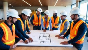 A group of construction professionals in safety vests and helmets discussing building plans at a table in Yucaipa, California, highlighting collaboration and project management.