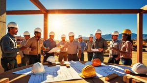 Construction workers and engineers in hard hats and safety gear reviewing blueprints on-site in Yucaipa, California, with a scenic mountain backdrop.