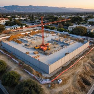 Aerial view of a construction site in Alhambra, California, featuring a large concrete foundation, a red construction crane, and surrounding excavation work, with mountains visible in the background.